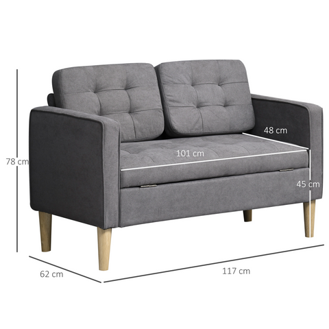 Compact Loveseat Sofa 2 Seater Sofa with Storage and Wood Legs Grey