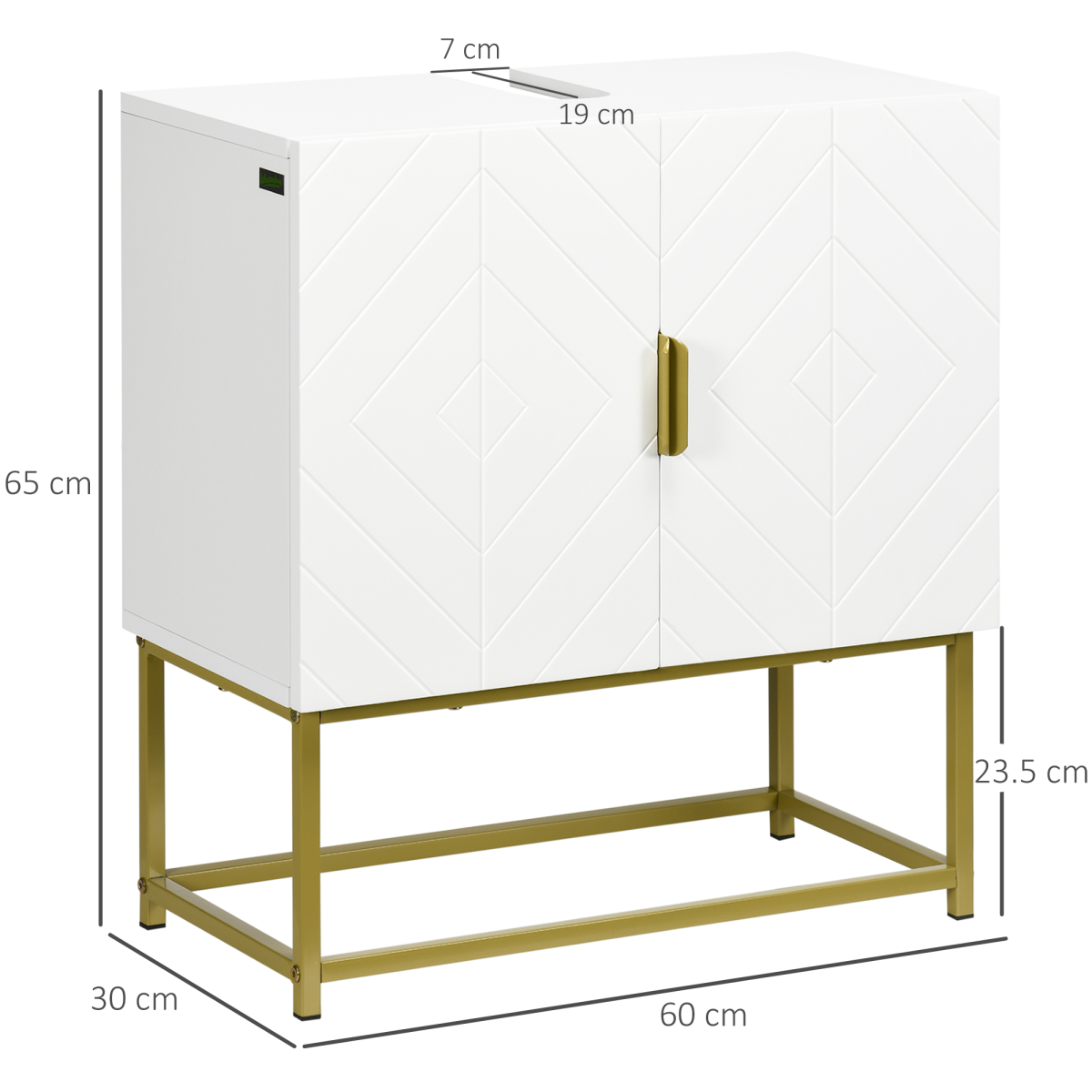 White cabinet with gold legs and dimensions labeled
