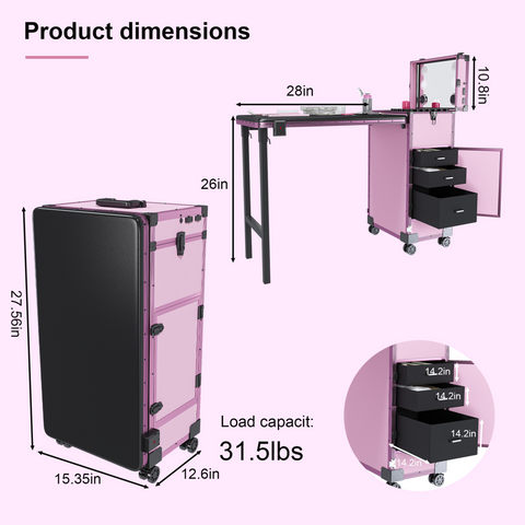 Portable Nail Art Table w/ LED Mirror, Bluetooth, Lockable Drawers, Telescopic Pole - Folding Manicure Station for Salons (Pink)