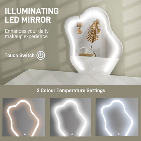 Dressing Table with LED Leaf Shape Mirror and 5 Drawers, White