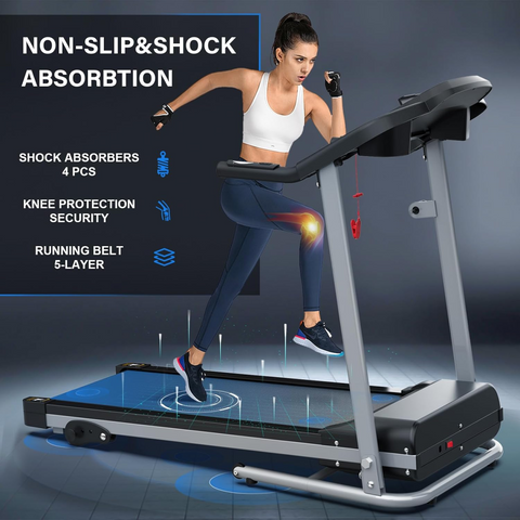 Woman using a treadmill with text highlighting features like non-slip and shock absorption.