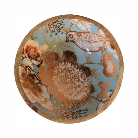 Artisan Furniture Solid Wood Floral Bird Bowl Set of 2, Beige