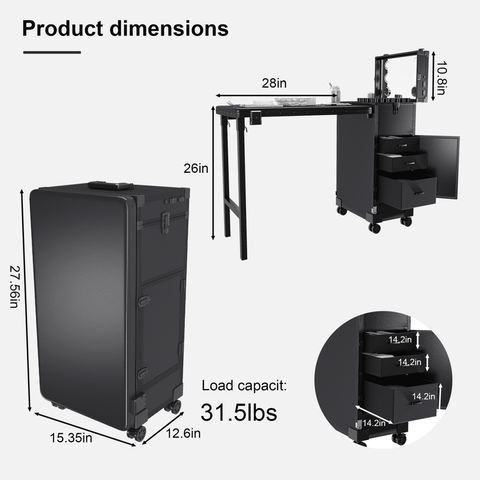 Portable Nail Art Table w/ LED Mirror, Bluetooth, Lockable Drawers, Telescopic Pole - Folding Manicure Station for Salons (Black)