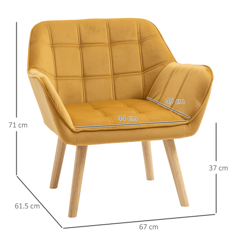 Luxe Velvet-Feel Accent Chair w/ Wide Arms Slanted Back Padding Wood Legs Yellow