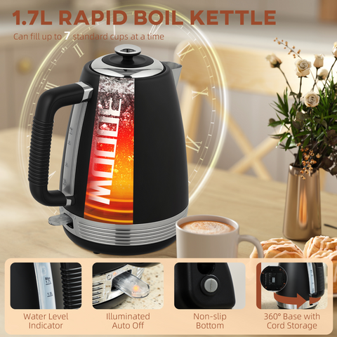 1.7L 3000W Quick Boil Kettle and 4 Slice Toaster Set Crumb Tray Black