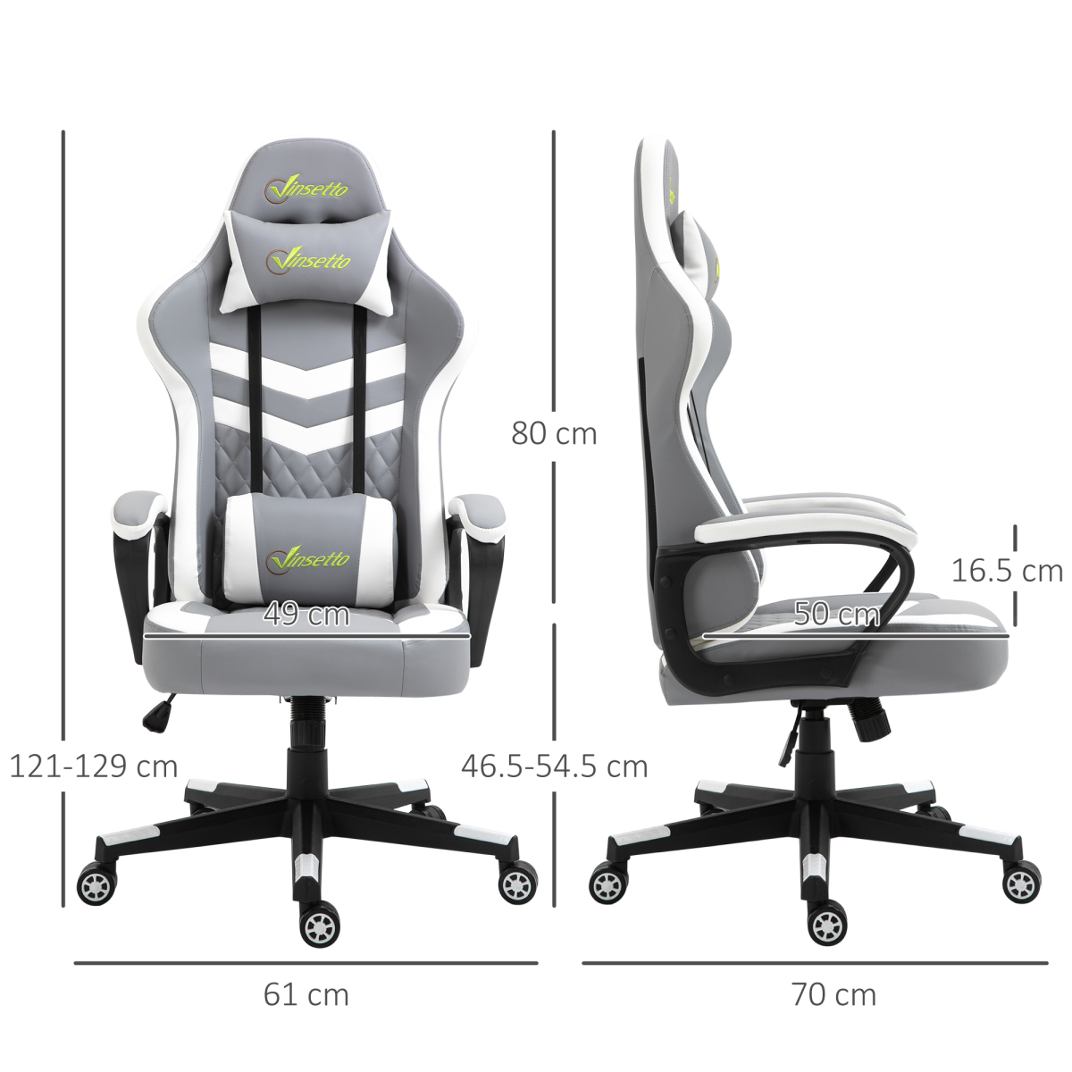 Gaming chair with dimensions labeled on a white background