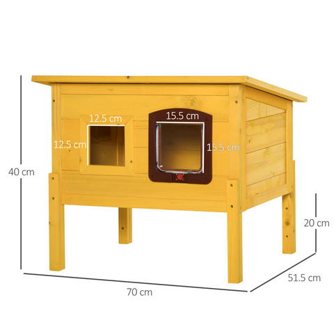 Wooden pet house with dimensions indicated on a white background
