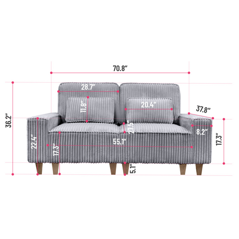 Deep Seat Corduroy Loveseat with Brushed Stainless Steel Cup Holders and 2 Decorative Pillows, Cozy 2-Seater Sofa for Living Room