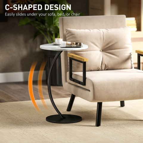 C Shaped Side Table, Round Bedside Table w/ Marble Effect Top, White