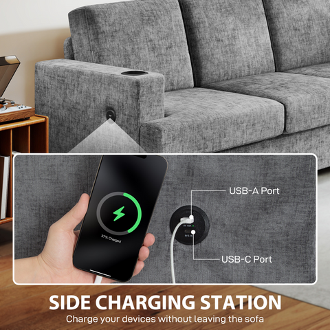 3 Seater Sofa, Fabric Sofa with USB Ports and Cup Holders, Grey