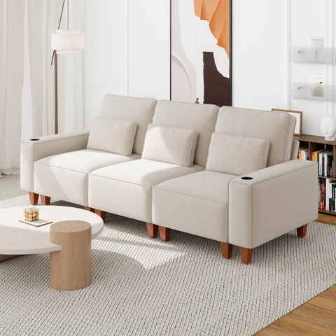 Chenille Deep Seat 3-Seater Sofa with Brushed Stainless Steel Cup Holders and 3 Decorative Pillows, Modern Comfortable Couch for Living Room