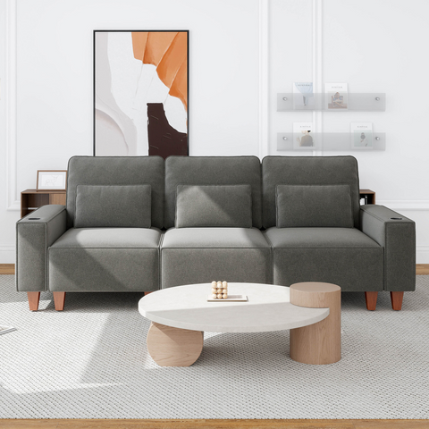 Chenille Deep Seat 3-Seater Sofa with Brushed Stainless Steel Cup Holders and 3 Decorative Pillows, Modern Comfortable Couch for Living Room