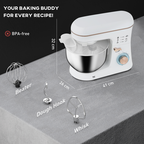 Electric Stand Mixer, 5L Food Mixer with Dough Hook, Whisk, White
