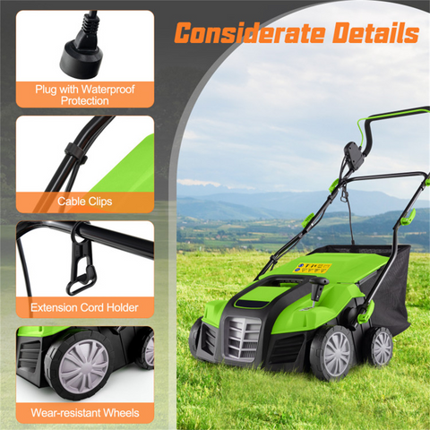 Corded Electric Lawn Dethatcher with 16-Inch Cutting Width, Wear-Resistant Wheels & Large Removable Grass Bag for Home Lawn - Green
