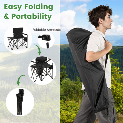 Oversized Foldable Camping Chair with Side Table & Cup Holder, 330 LBS Capacity for Outdoor Use-Black