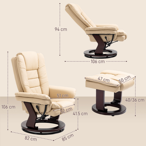 Swivel Manual Recliner and Footrest Set PU Leather Lounge Chair Beige