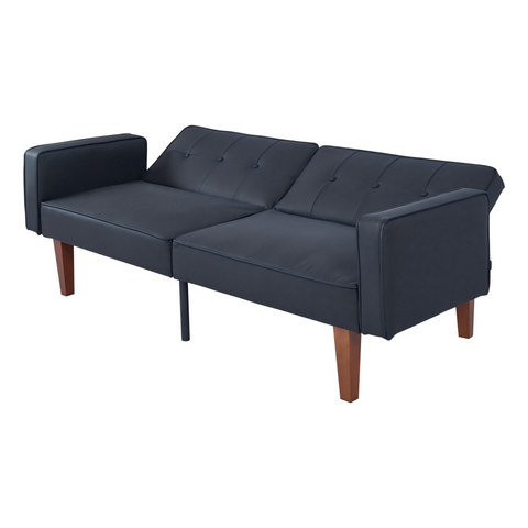 Modern PU Leather Futon Sofa with Tufted Backrest, Adjustable Reclining Couch with Wood & Metal Legs, Mid-Century Style Sofa for Living Room
