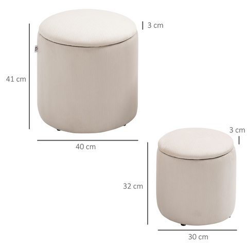 Modern Fabric Storage Ottoman with Removable Lid, Set of 2, Cream White