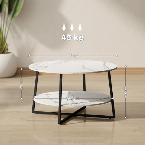 Round Coffee Table with Storage Shelf and Marble Effect Top, White