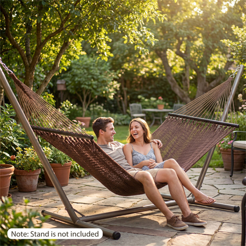 2-Person Polyester Caribbean Hammock with Hardwood Spreader Bars, 600lbs Weight Capacity Double Hammock for Patio Garden-Brown