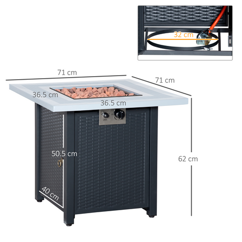 Square Propane Gas Fire Pit Table Rattan Smokeless Heater with Lava Rocks & Lid