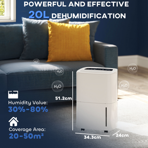 20L/Day Dehumidifier with Continuous Drainage, 5L Water Tank, Timer