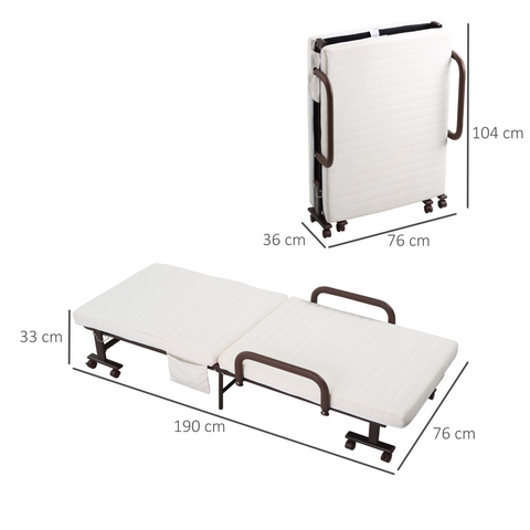 Folding bed with dimensions labeled on a white background
