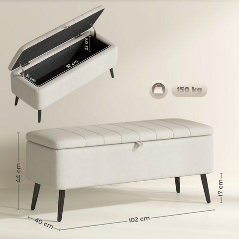 Storage Ottoman Bench, Linen Fabric Footstool with Steel Legs Cream White