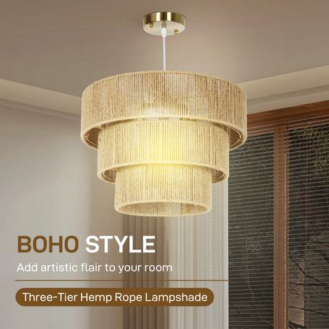 Boho Hemp Rope Pendant Light, Ceiling Light for Bedroom, Light Brown