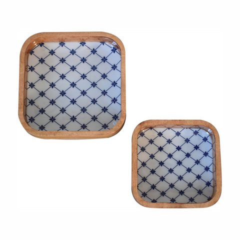 Artisan Furniture Solid Wood Blue and White Square Bowl Set of 2