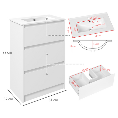 600mm Bathroom Vanity Unit w/ 1 Tap Hole Basin Drawers Gloss White