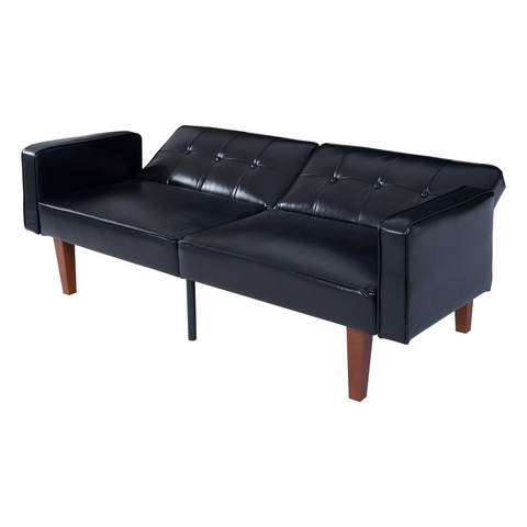 Modern PU Leather Futon Sofa with Tufted Backrest, Adjustable Reclining Couch with Wood & Metal Legs, Mid-Century Style Sofa for Living Room