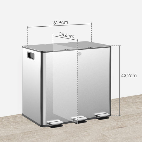 3 x 15L Triple Kitchen Bin Pedal Bin for Recycling and Waste, Silver