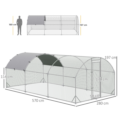 Walk-In Chicken Run Galvanised Chicken Coop with Cover 2.8 x 1.9 x 2m