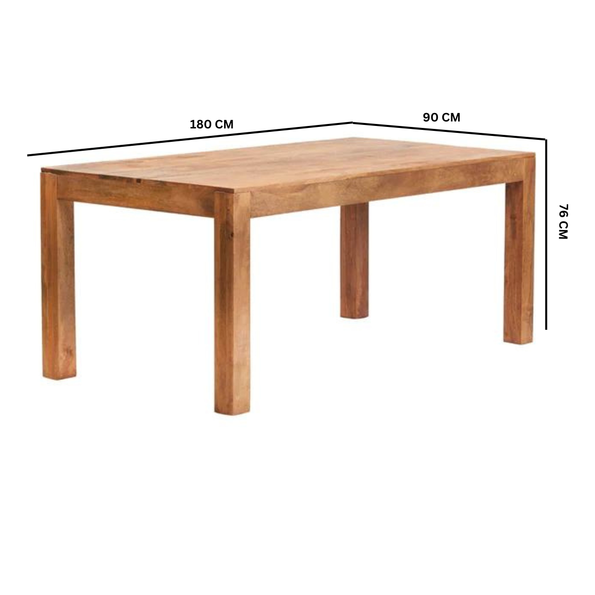 Wooden table with dimensions labeled on a white background