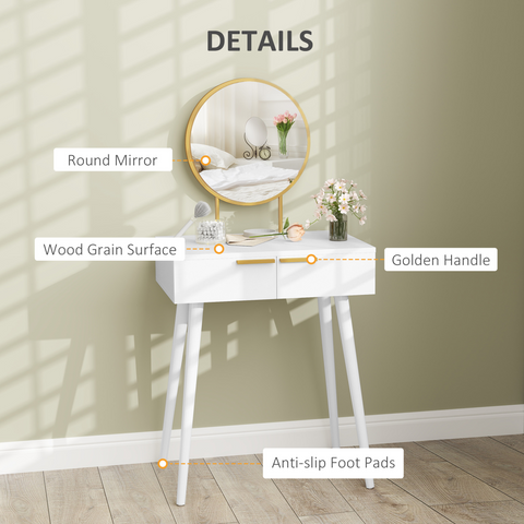 Modern Dressing Table w/ 2 Drawers Round Mirror for Bedroom White