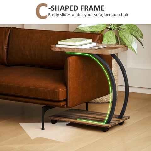 C Shaped Side Table with Storage & Wheels for Living Room, Brown