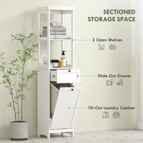 Slim Bathroom Storage Unit with Tilt-Out Laundry Cabinet Drawer White