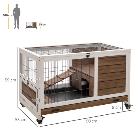PawHut Wood Indoor Rabbit Hutch Elevated 2-Floor Guineas Pigs Cage w/ Wheels and with openable Roof