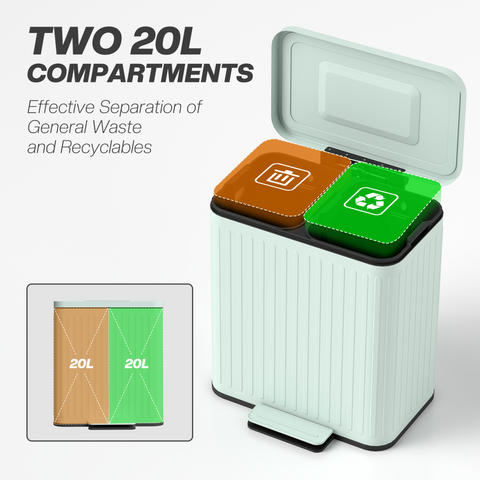 2 x 20L Double Rubbish Bin, Pedal Bin with Soft-Close Lid, Green