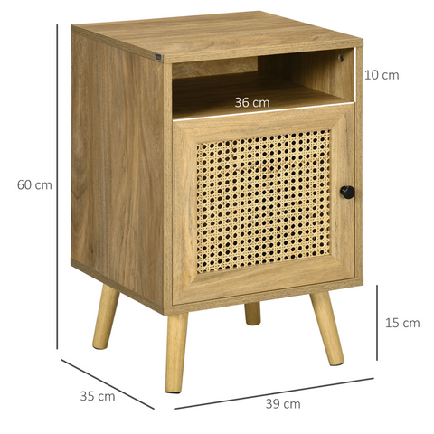 HOMCOM Nightstand, Rattan Bedside Table, Sofa Side Table w/ Cabinet, Shelf