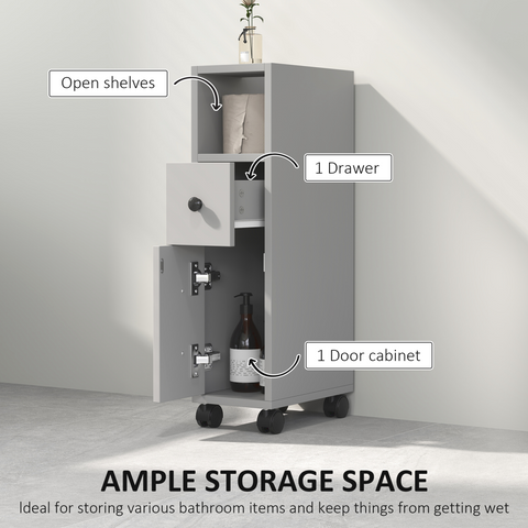 kleankin Slim Bathroom Storage with 2 Drawers, 2 Open and Wheels, Grey
