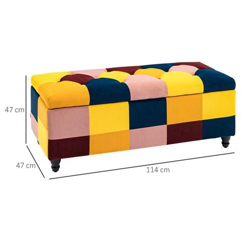 Multicolored patchwork ottoman with dimensions on a white background