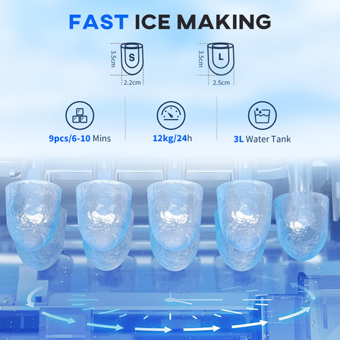 Ice Maker Machine and Water Dispenser 9 Ice Cubes Ready in 6-10 Mins