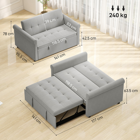 Convertible Pull Out Sleeper Sofa Bed Settee for Living Room, Grey