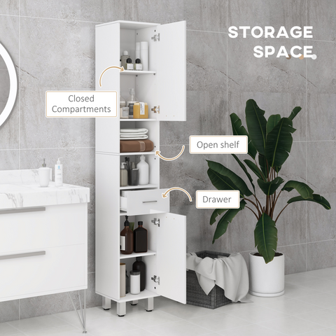 kleankin Tall Narrow Bathroom Storage Cabinet Cupboard w/ Cabinets, White