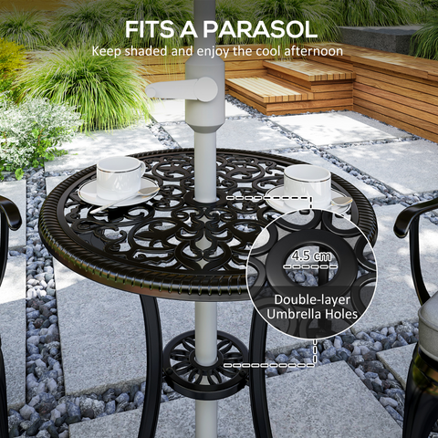 Outsunny 3 PCs Aluminium Garden Coffee Table Set w/ Parasol Hole & Cushions