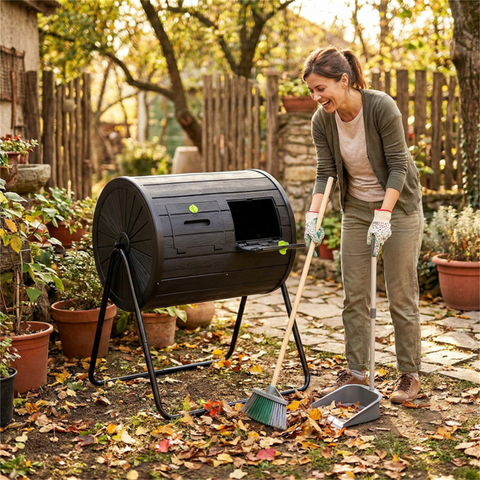Dual Chamber Compost Tumbler 37.5Gal 360° Rotating Compost Bin with Stirring Blades for Garden-Black