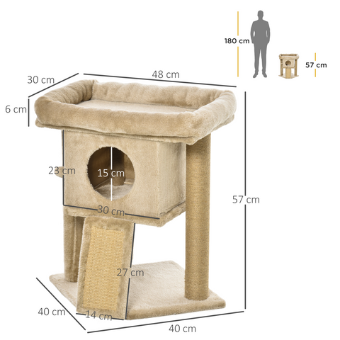 Cat Tree Tower W/ Jute Scratching Pad, Toy Ball, Cat House 66x38x88 cm - Coffee