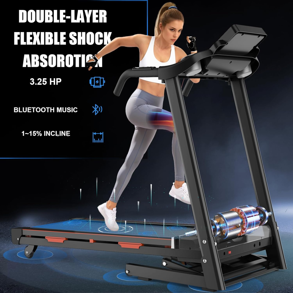 Woman exercising on a treadmill with features highlighted on a dark background